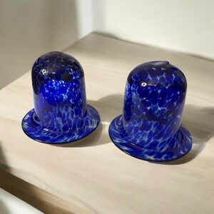 Cobalt Blue Speckle Garden Cloche French Bell 4" X 4" Set Of 2 Handblown Glass